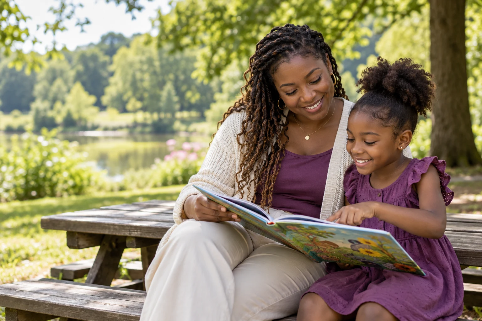 An adult and a child enjoying a book together in a park