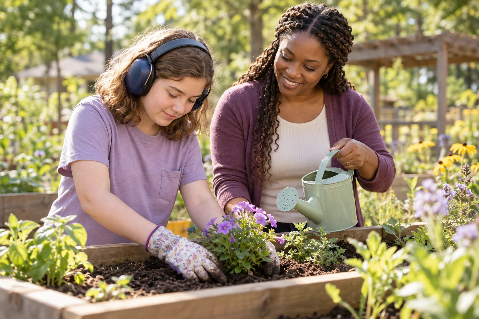 A teenager wearing ear defenders plants flowers alongside an adult in a community garden