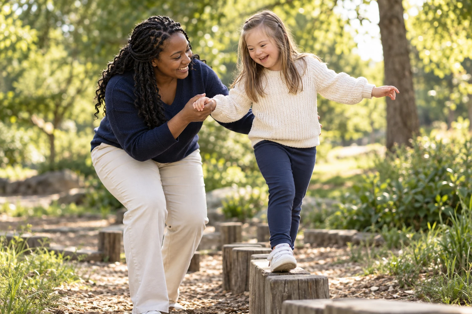 An adult helping a child balance on stepping logs in a sunny park