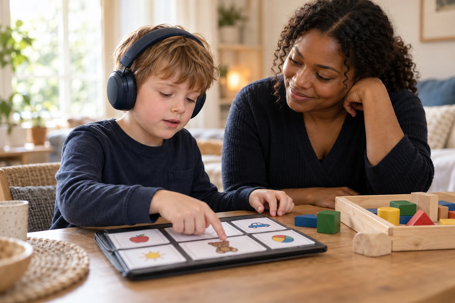 A child wearing headphones explores a picture communication board with an adult