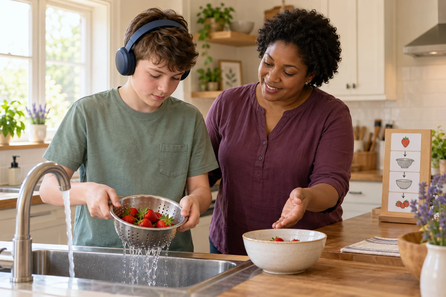 A teenager wearing headphones rinses strawberries while an adult guides the next step in a home kitchen